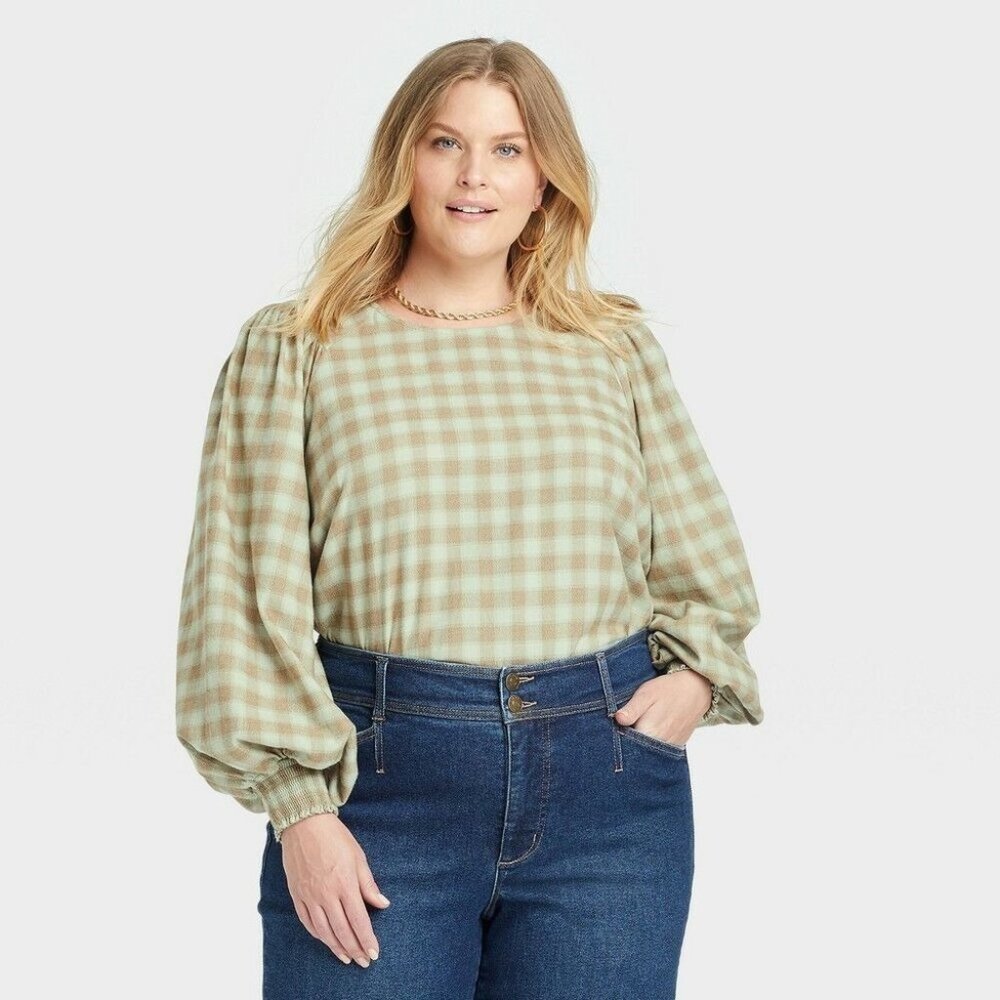 Womens Plus Size Plaid Crewneck Balloon Long Sleeve Flannel Blouse Ava & Viv Gre - Picture 1 of 8